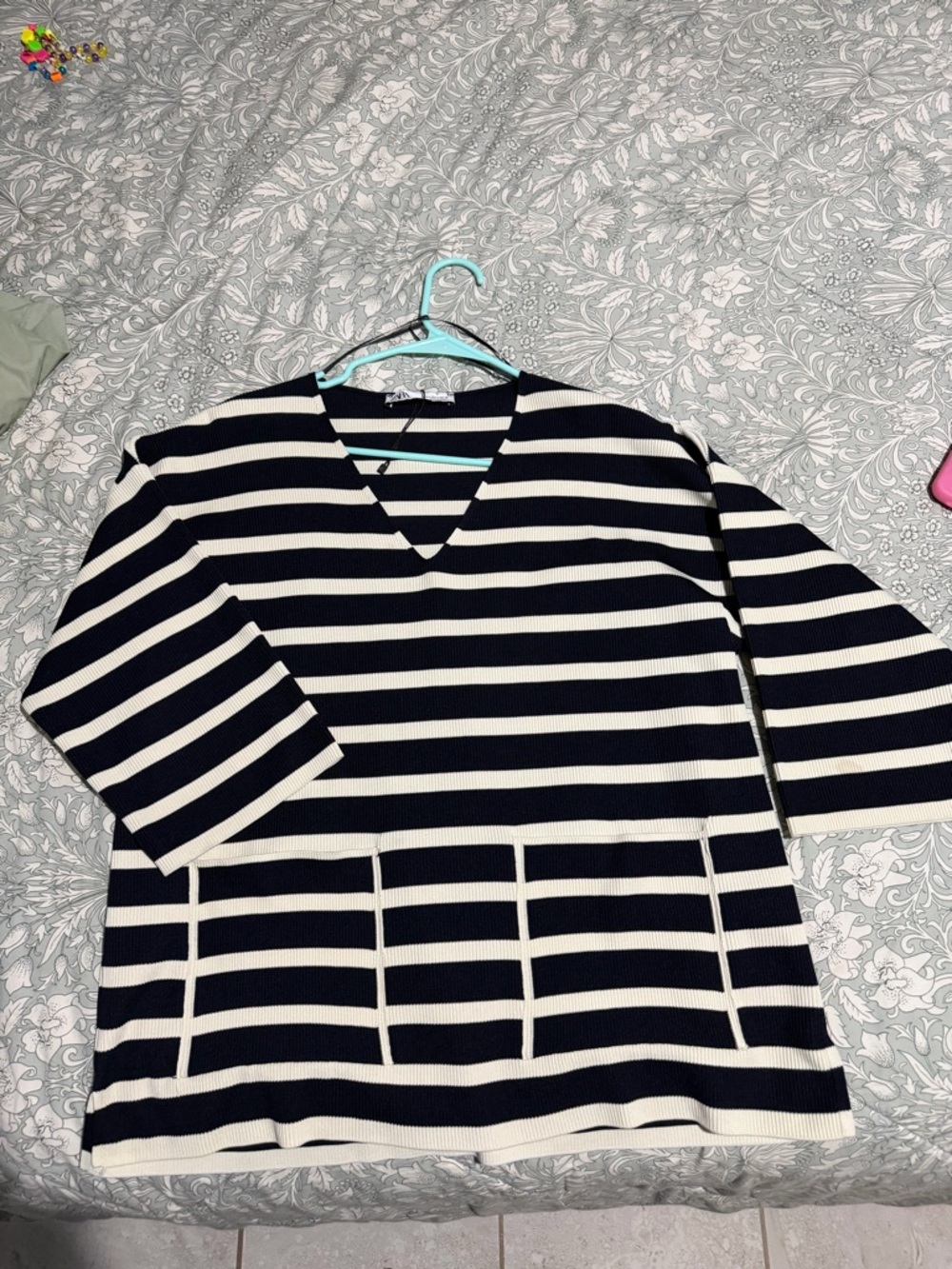 Zara Black and White Striped V-Neck Blouse
